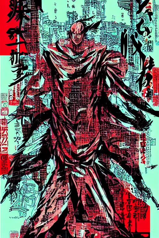 Prompt: professionally drawn seinen mature cyberpunk kaiju horror action manga comic cover, full color, beautifully drawn coherent professional, drawn by ilya kuvshinov!, satoshi kon, kentaro miura, dave mckean, tsutomu nihei. japanese script kanji hiragana on the cover. minimalist stylized cover art. colorful blue cel shaded