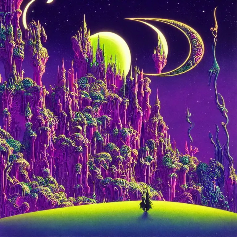 Image similar to mysterious crescent moon over magical crystal temple, bright neon colors, highly detailed, cinematic, tim white, eyvind earle, philippe druillet, roger dean, lisa frank, aubrey beardsley, ernst haeckel