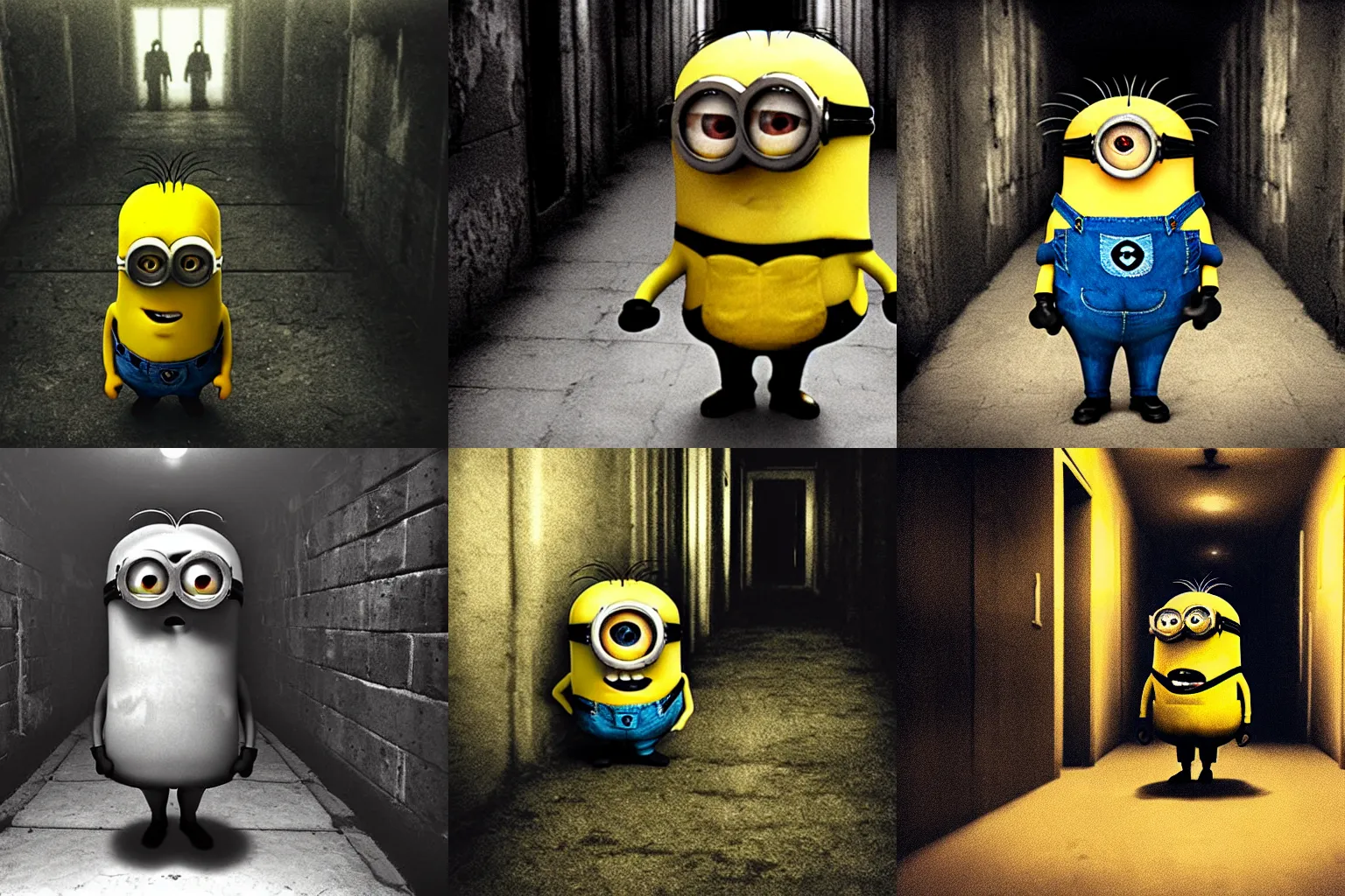 Prompt: a minion standing menacingly at the back of a darkened hallway, decrepit interior, horror photograph, cursed image, low-fi, poor focus, SCP horror art, dangerous banana, menacing minion