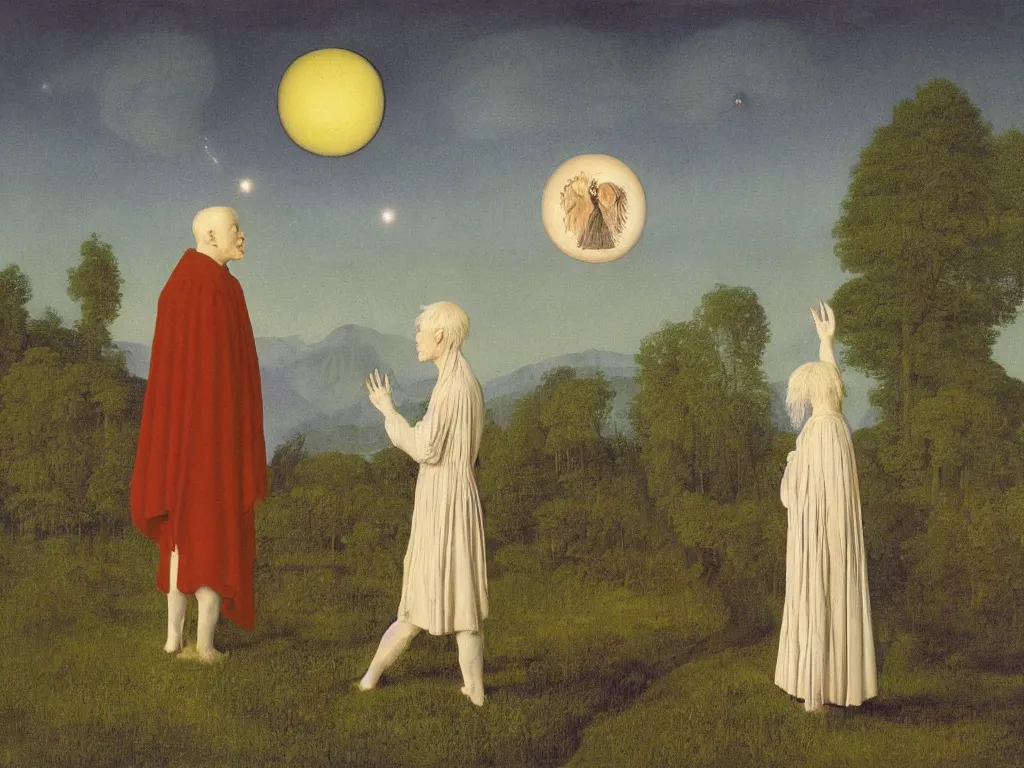 Image similar to albino mystic, with his back turned, looking at a comet over the forest in the distance. Painting by Jan van Eyck, Audubon, Rene Magritte, Agnes Pelton, Max Ernst, Walton Ford