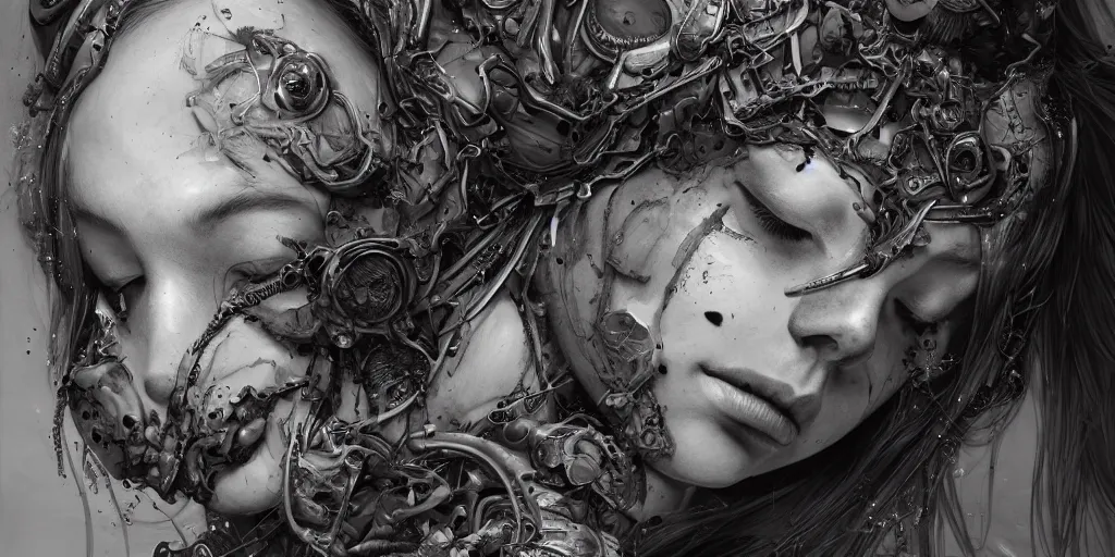 Image similar to hyperrealistic splatterpunk photography of a highly detailed and symmetrical gorgeous cyborg nymph asleep in the style of beth cavener, jin kagetsu, james jean and wlop, highly detailed, face symmetry, masterpiece, award - winning, sharp focus, intricate concept art, ambient lighting, 8 k, artstation