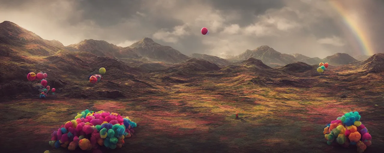 Prompt: ” clown world landscape, [ by wlop, cinematic, detailed, clown, widescreen, opening, establishing, mattepainting, photorealistic, rainbow textures, octane render ] ”