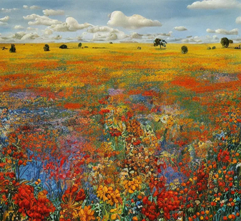 Image similar to highly detailed oil painting of a field of flowers painted by salvador dali