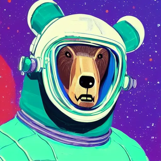 Image similar to a head and shoulder portrait of bear beast-man in space suit, painted in the colorful and expressive style of Kotwdq, trending on Artstation 8k photorealistic