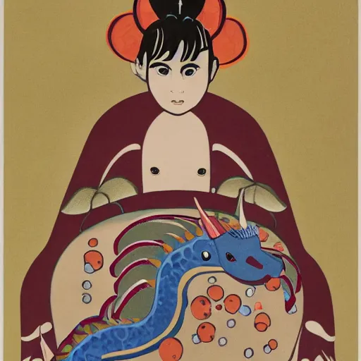 Image similar to ordered by yasuo kuniyoshi, by audrey kawasaki. a conceptual art of a young boy disguised as a dragon. the boy is shown wearing a costume with dragon - like features, including a long tail, wings, & horns. he has a large grin on his face, suggesting that he is enjoying his disguise.