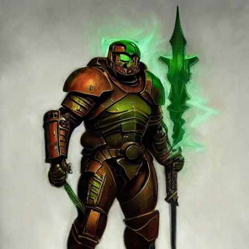 Image similar to Doomguy as a fantasy D&D knight, portrait art by Donato Giancola and James Gurney, digital art, trending on artstation