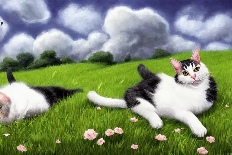 Image similar to a fat black and white male cat and a smaller tri-color tortoiseshell female cat both sleeping peacefully together in a beautiful green meadow, dreamy puffy clouds, painted by Tyler Edlin