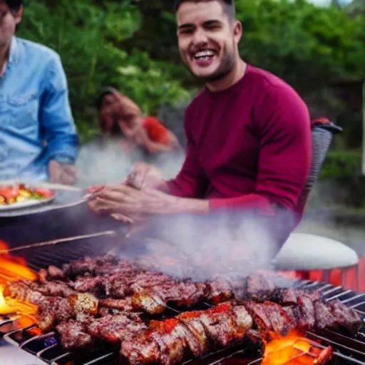 Image similar to photo of people doing bbq under heavy rain, ultra realistic face detailed eyes
