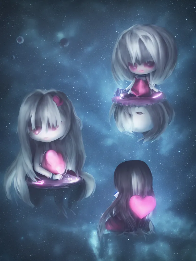 Image similar to cute fumo plush gothic maiden alien girl sitting on a small island floating in the dark galactic abyss, heart eyes, vignette, vray