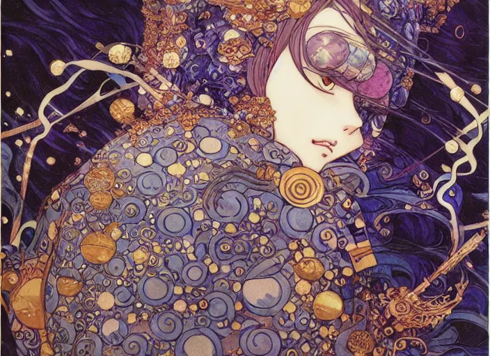 Prompt: female knight, lord of the moon and night, Kyoto animation,last exile, blue submarine no. 6, gustav klimt,loish, murata range, kawaii, yoshitaka amano, studio lighting, manga, bright colors, beautiful, 28mm lens, vibrant high contrast, mucha, gradation, jean giraud, fantasy, rule of thirds, fibonacci, intricate, makoto shinkai