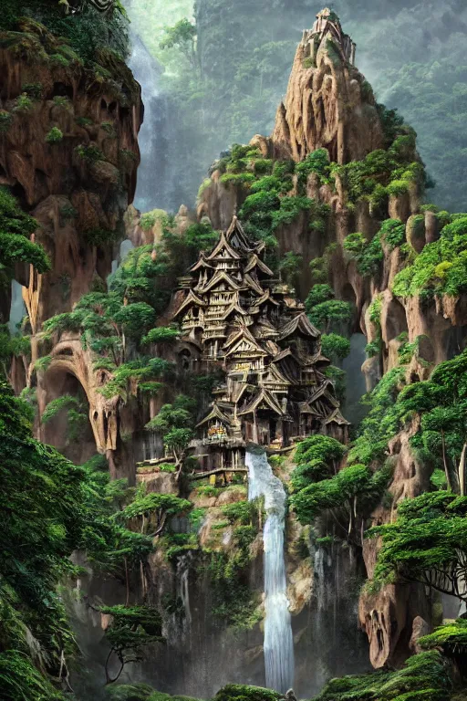 Prompt: carved into a Mountain a temple above a waterfall, giant intricate statues, arches adorned pillars, archways, gnarly trees, lush vegetation, forrest, a small stream runs beneath the waterfall, landscape, raphael lacoste, eddie mendoza, alex ross, concept art, matte painting, highly detailed, rule of thirds, dynamic lighting, cinematic, detailed, denoised, centerd