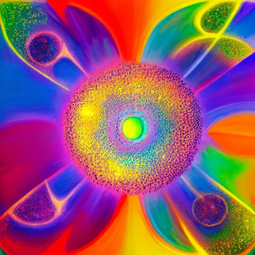 Image similar to painting of the hidden universe at the heart of an atom. polychromatic color scheme