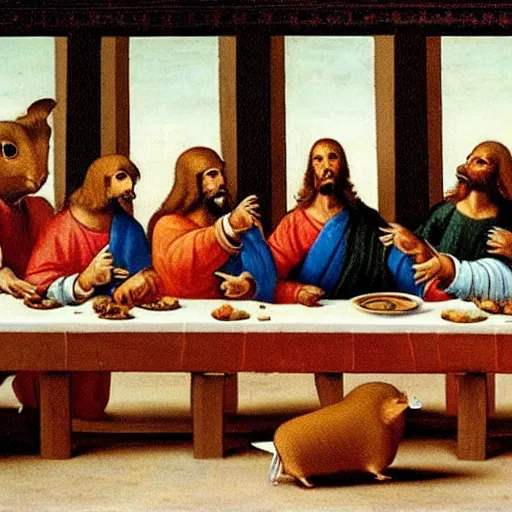 Image similar to anthropomorphic guinea pigs in the last supper