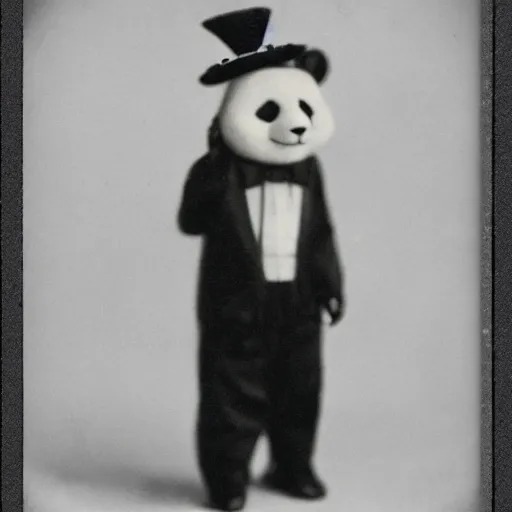 Prompt: a portrait of a humanoid panda wearing a tuxedo and a hat, 1 9 0 0, old, vintage, photography, grainy, award - winning