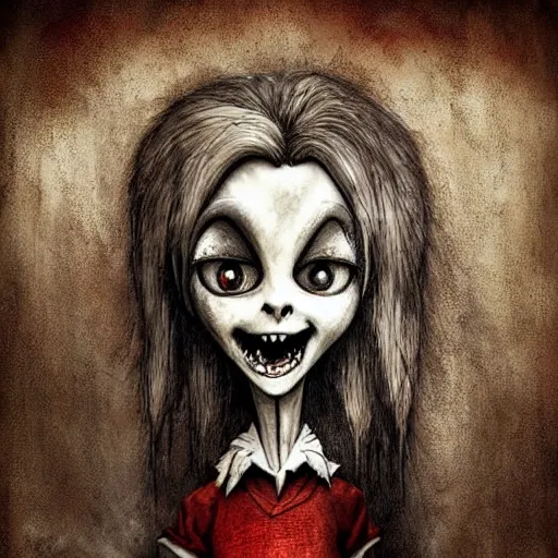 Image similar to grunge cartoon drawing of a cute chucky by - michael karcz , in the style of corpse bride, loony toons style, horror themed, detailed, elegant, intricate