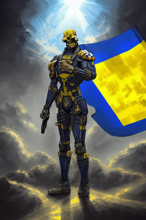 Image similar to a full body shot from distance of a super soldier with a Ukrainian blue and yellow stripes flag standing in the beam of light from the clouds on a pile of skulls and rotten cars as a winner, masculine figure, D&D, fantasy, intricate, elegant, highly detailed, digital painting, artstation, concept art, matte, sharp focus, symmetrical, illustration, hyperrealistic, art by Artgerm and Greg Rutkowski and Alphonse Mucha