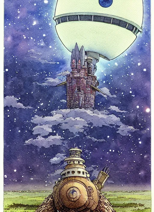 Image similar to hyperrealist studio ghibli watercolor fantasy concept art of a giant ufo from howl's moving castle sitting on stonehenge like a stool. it is a misty starry night. by rebecca guay, michael kaluta, charles vess