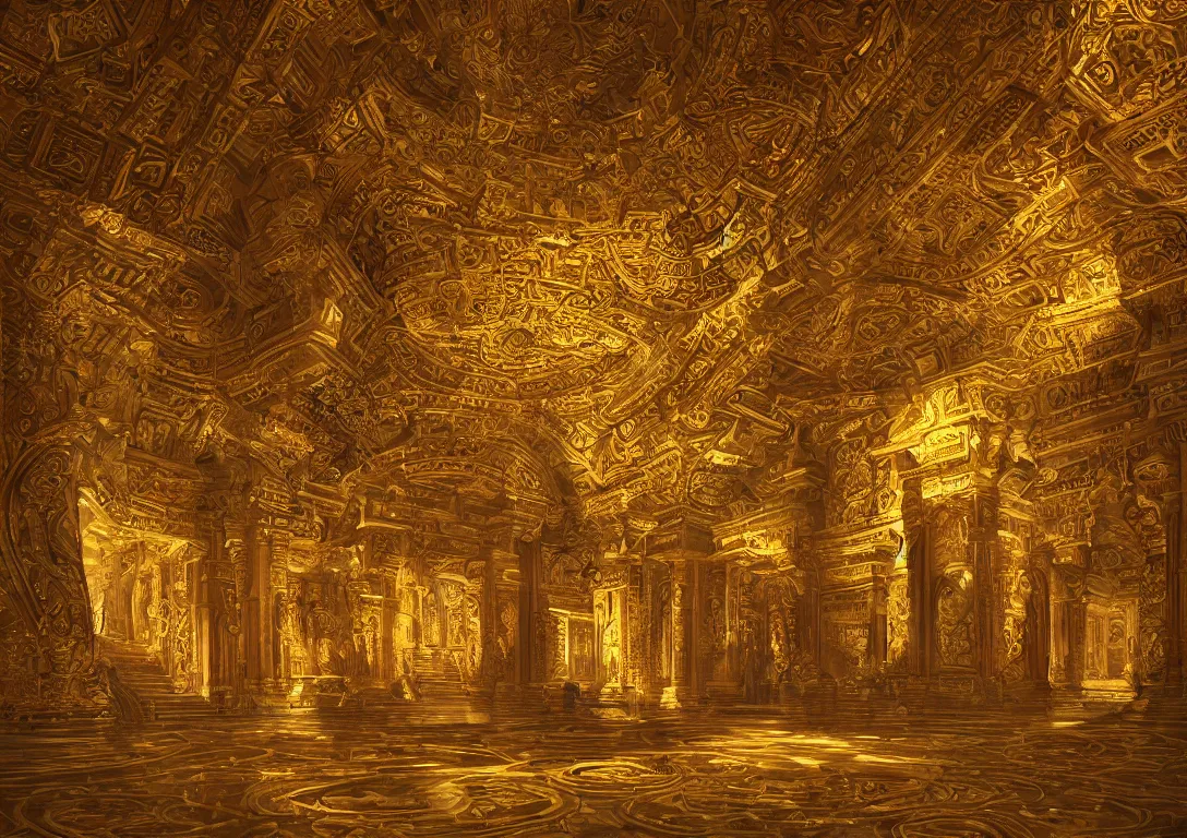 Prompt: hall of gods, with intricate details,, gold lighting by greg ruttowski, trending on artstation