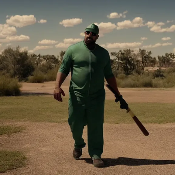 Image similar to Still of Big Smoke with green clothing with a baseball bat in Better Call Saul