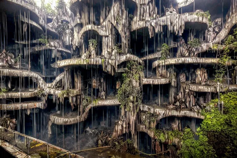 Image similar to favela fungus cathedral coaster hive, brutalist waterfall environment, industrial factory, terrifying, award winning art, epic dreamlike fantasy landscape, ultra realistic,