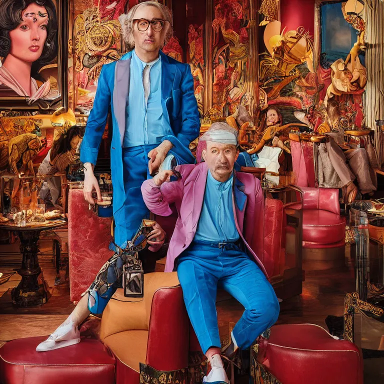 Image similar to vogue photoshoot octane render portrait by wayne barlow and carlo crivelli and glenn fabry, a handsome eccentric man in a bright colorful pastel wes anderson uniform inside a high - end exotic vintage boutique hotel bar, very short depth of field, bokeh