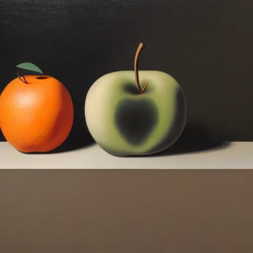 Prompt: a magritte painting masterpiece exposed in Paris : an apple talking to an orange on black hat, This 4K HD image is Trending on Artstation, featured on Behance, well-rendered, extra crisp