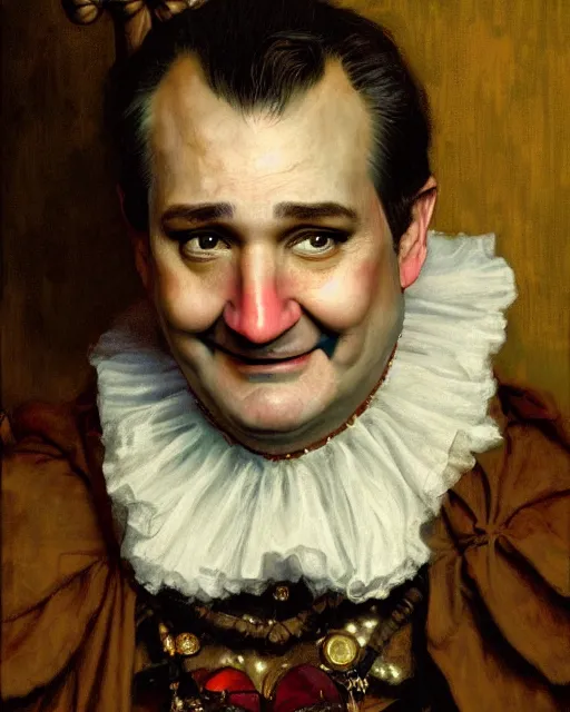 Image similar to closeup portrait of whimsical conniving ted cruz, court jester in renaissance era,, masterpiece, by donato giancola and greg rutkowski and wayne barlow and zdzisław beksinski, high contrast, realistic face