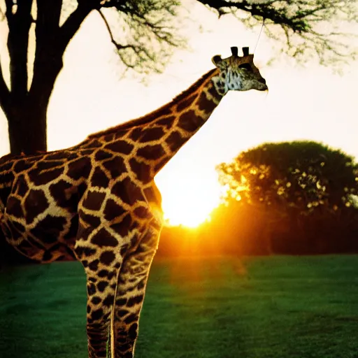 Image similar to a low angle photo of a cat giraffe hybrid, at the golden hour, sunset, sunrise, warm lighting, strongshadows, photo by slim aarons, award winning