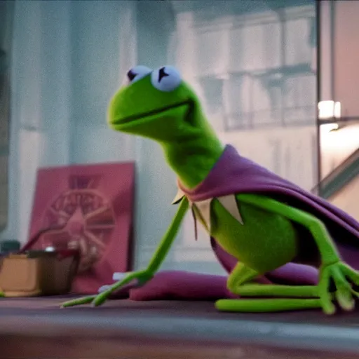 Prompt: A still of Kermit the frog on Avengers Endgame, award winning photo, unreal engine, highly detailed features