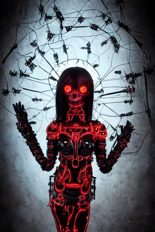 Image similar to full-body cyberpunk style sculpture of a young beautiful dark priestess, half android with a head opening exposing circuitry, glowing red eyes, black roses, flowing blood red colored silk fabric. baroque elements, candles, human skull, crows flying in background. full-length view. baroque element. intricate artwork by Caravaggio. Trending on artstation, cinematic lighting from the right, hyper-realism, octane render, 8k, depth of field, 3D, conceptual art