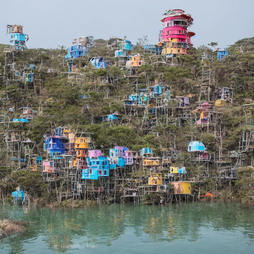 Image similar to a circular tower, made up of colourful makeshift squatter shacks suspended over water, dystopia, sony a 7 r 3, f 1 1, fully frontal view, ultra detailed, photographed by hiroshi sugimoto,