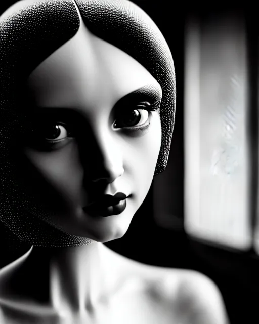 Image similar to black and white dreamy young beautiful female artificial intelligence, metropolis, cinematic, rim light, bokeh, photo - realistic, elegant, high detail, 8 k, masterpiece, photo taken in 1 9 3 0