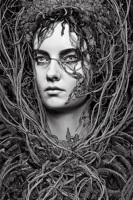 Prompt: vibrant ultra clear portrait of cult ritual witch by sandra chevrier laurie greasley gustave dore ron english, wires branches, energy waves condensed, low contrast, cinematic dramatic lighting, hyper realistic detailed intricate render, hypermaximalist, ornate, epic composition, 4 k 8 k, cryengine octane, sharp focus, concept art, masterpiece