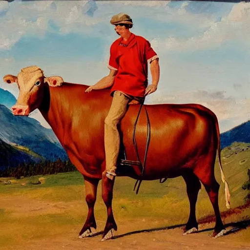 Prompt: A tall blonde man riding a cow in the Swiss Alps, oil painting