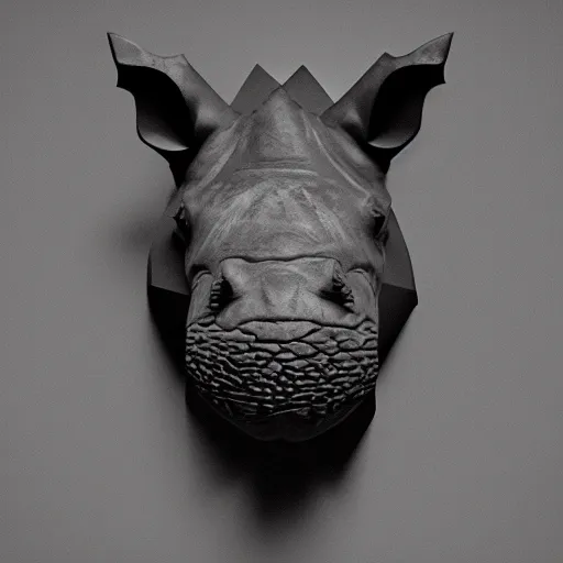 Image similar to rhino head made of black cast iron on a black background. gothic baroque. low poly. symmetry. epic. ominous shapes. hyper detailed.