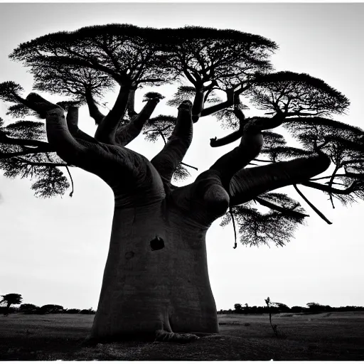 Image similar to a baobab tree, award winning black and white photography