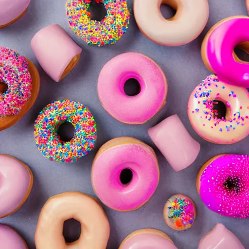 Image similar to photo of toilet filled with pink-frosted donuts and colorful sprinkles, 50mm, beautiful photo