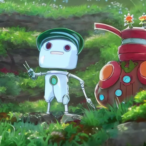 Image similar to cute robot made of plants wearing tomato hat and a chive sword, made in abyss style