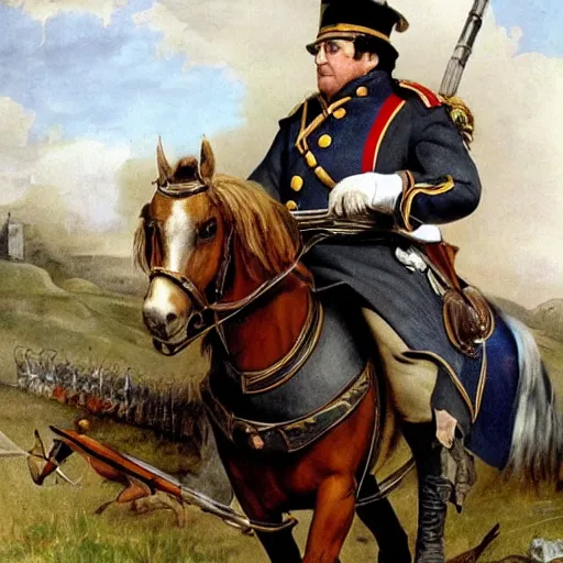 Prompt: Danny DeVito in Napoleonic officer's uniform, riding on horseback in a battlefield