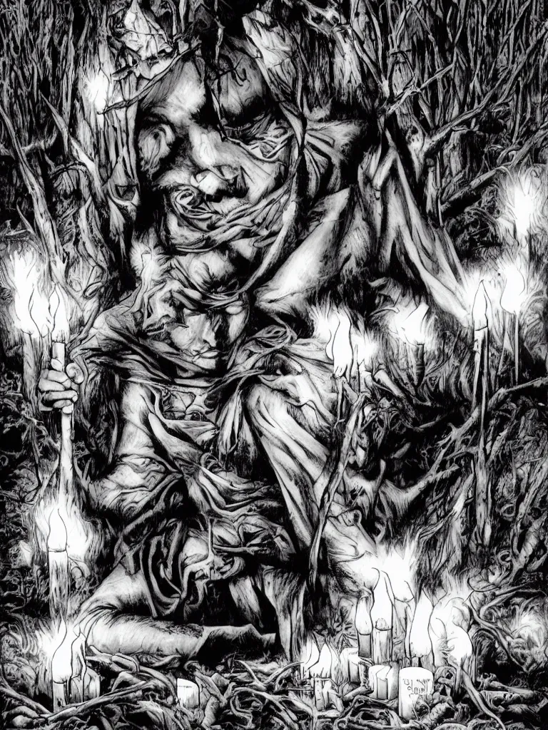 Image similar to sandman surrounded by candles in a deserted forest by lee bermejo
