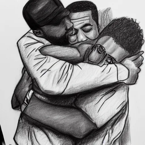 Prompt: a crude drawing of a man hugging kanye west, crude crayon scribbles