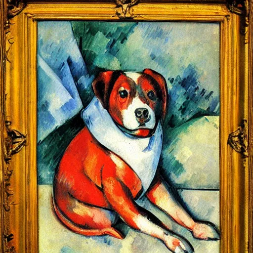 Image similar to dog with red fishes, by cezanne, oil on canvas