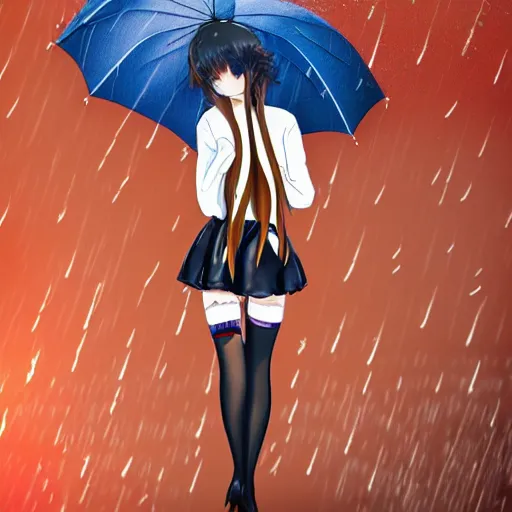 Prompt: anime girl walks in lingerie and pantyhose in the rain with an umbrella, red curly hair in pigtails with an elastic band, rain, full length, 8k n-9