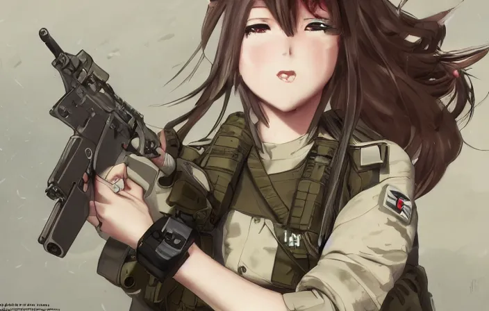 Prompt: soldier under heavy fire, squad, infantry girl, anime style, long hair, hair down, symmetrical facial features, explosions, wallpaper, from girls frontline, hyper realistic, pale skin, rule of thirds, extreme detail, 4 k, detailed drawing, trending artstation, realistic lighting, trading card, by alphonse mucha, greg rutkowski, sharp focus, backlit