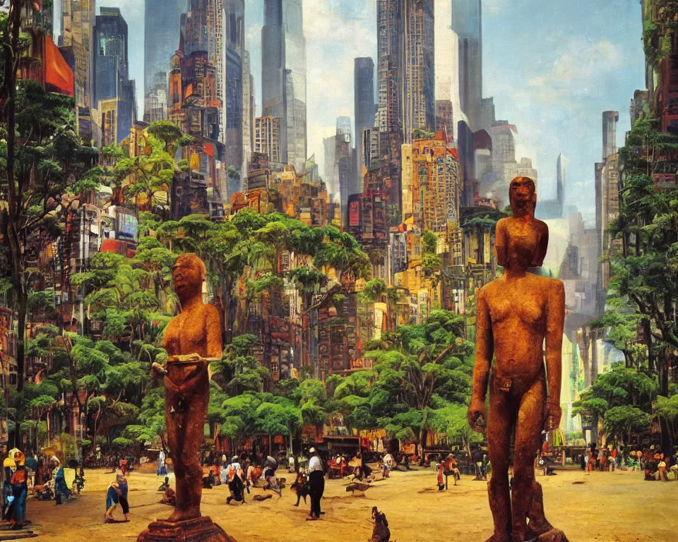 Prompt: an achingly beautiful oil painting of an Incan statue standing alone in the square of a vibrant futuristic jungle city by Raphael and Hopper.