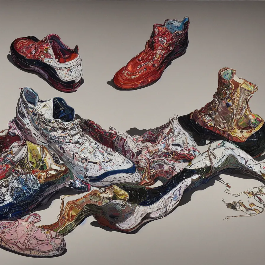 Image similar to futuristic balenciaga sneakers, nft art, highly detailed, hyper realistic, art by todd mcfarlane, by ( ( ( lucian freud ) ) ) and gregory crewdson and francis bacon