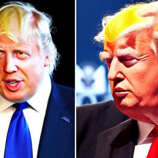 Prompt: Boris Johnson and Donald Trump as tweedle dee and tweedle dum