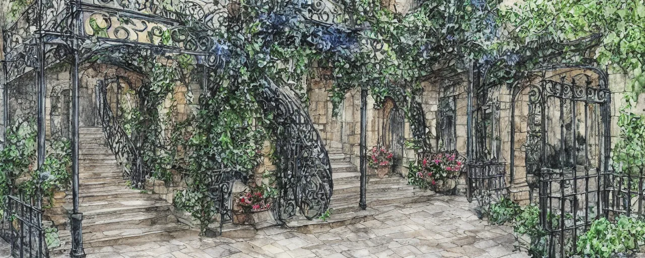 Prompt: courtyard walkway, night castle, stairway, chairs, wrought iron, gate, tree, delicate, botanic garden, garden road, botanical herbarium paper, watercolor colored painting, iridescent colors, 8 k, realistic shaded, fine details, artstation, italian style, colonnade, huge flower