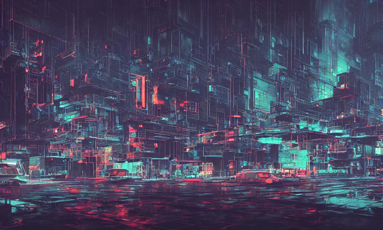 Image similar to fractal circuit motherboard, brutalist buildings, metal, concrete, wet streets, neon lights, neon signs, vehicles, pedestrians, syd mead, ralph mcquarrie, doug chiang, concept art, matte painting, finely detailed, minimal artifacts, rule of thirds, dynamic lighting, cinematic, denoised, centered, artstation