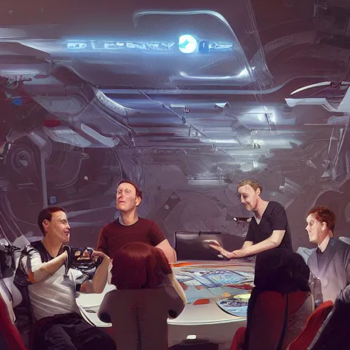 Prompt: comic scene of elon musk, mark zuckerberg, jeff bezos, in meeting together, very detailed, art contest winner on behance, trendy on deviant art, by artgem, stanley lau, craig mullins